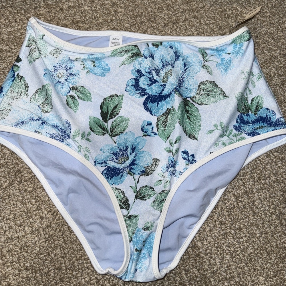 AERIE High Waisted Full Coverage Bikini Bottoms Blue Green Floral Print Size Med